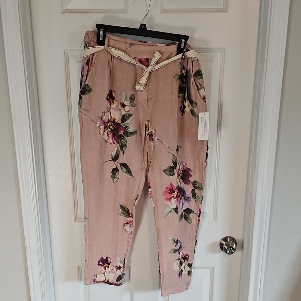 Ornella Floral Print Pants 100% Linen with Belt Made In Italy